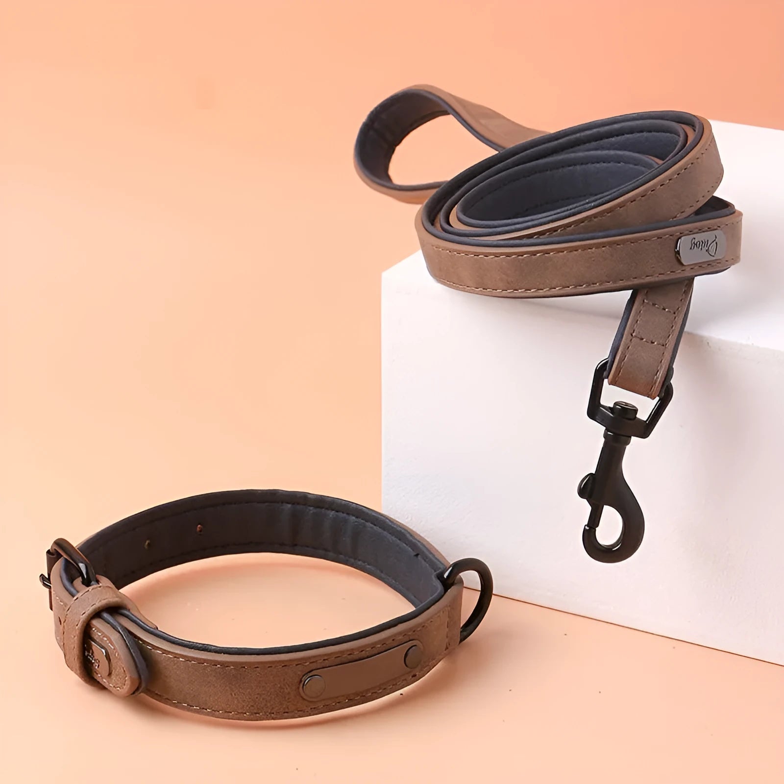 Adjustable dog collar on a white background showing PU front and microfiber back, in a choice of five colours.