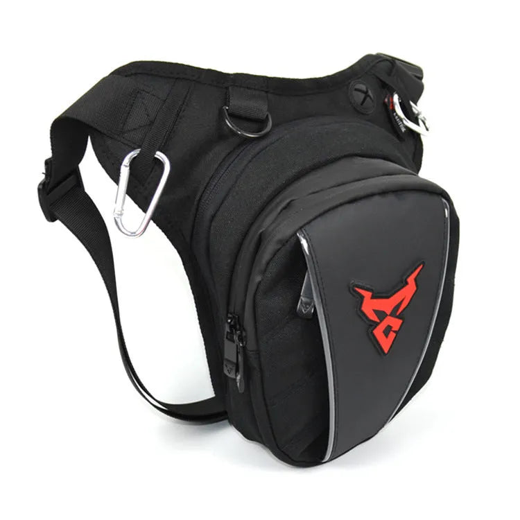 Motorcycle leg bag in 1200D Oxford cloth shown in red, worn on the leg, with adjustable straps and a 29cm x 29cm main compartment.