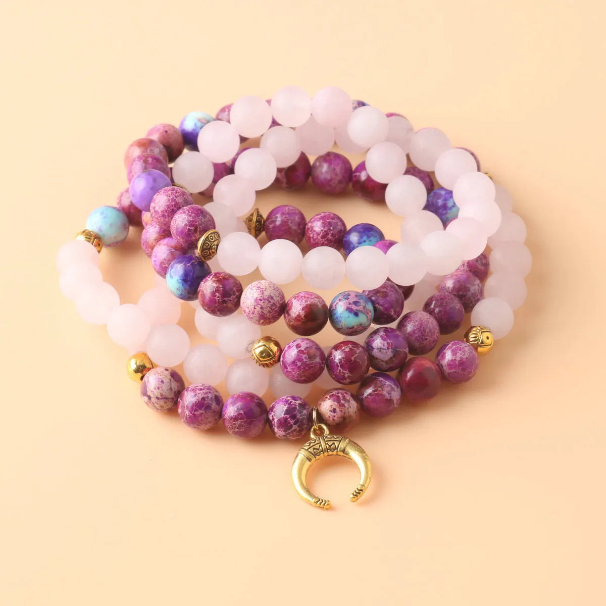 Round pink crystal and Emperor Stone beads pendant necklace on model