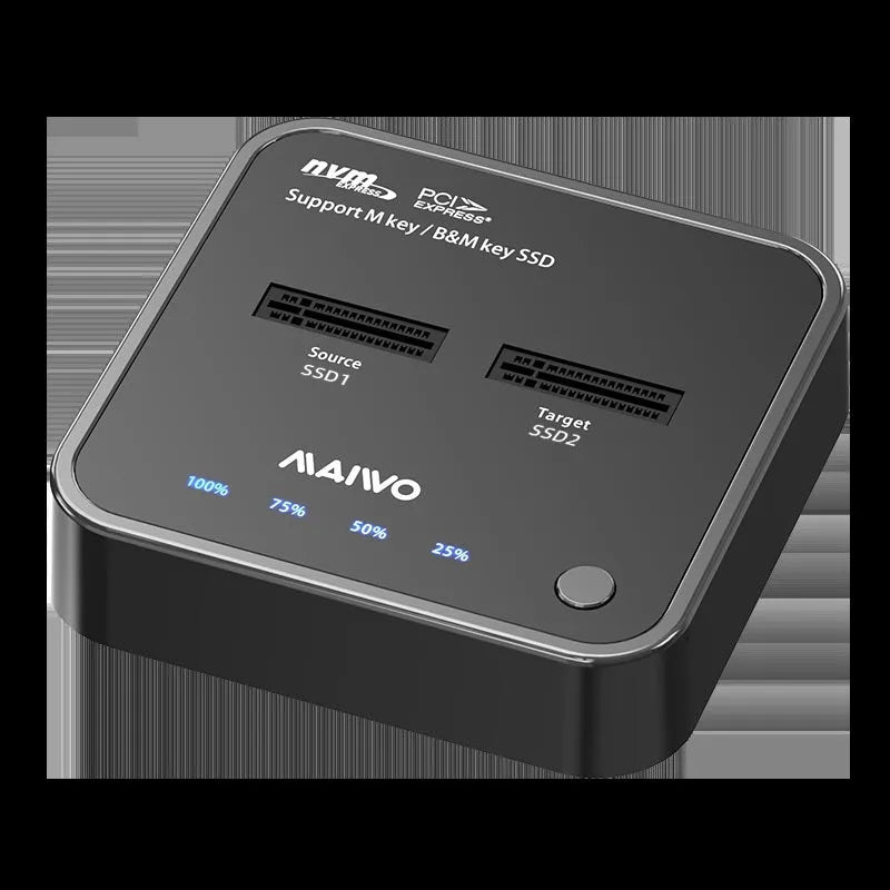 MAIWO K3016 M.2 solid state hard drive dock and copier unit with data cables and UK plug power adapter.