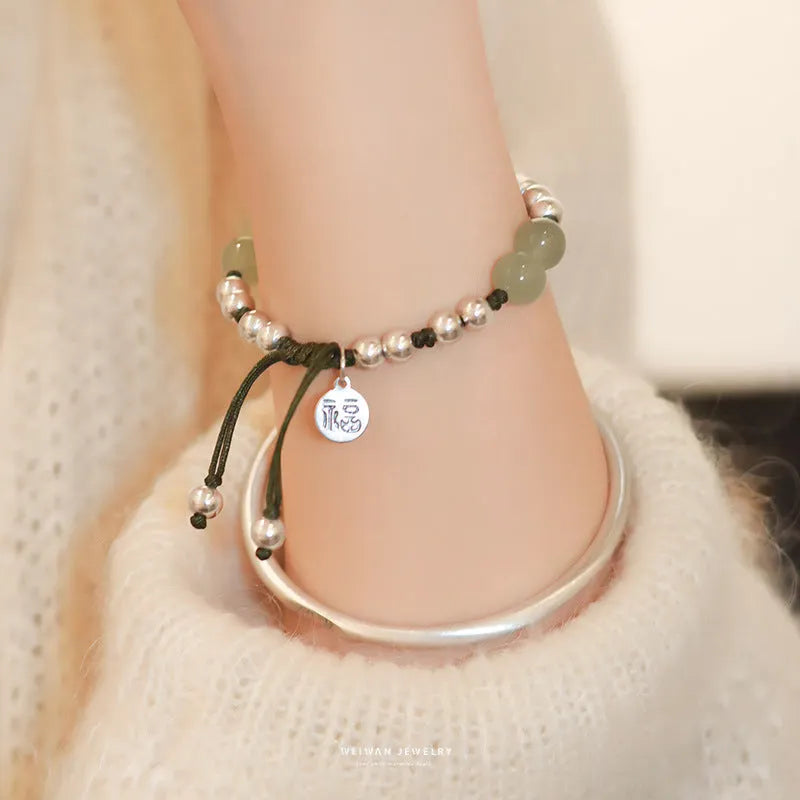Handmade bamboo bracelet with green Hetian jade beads and 925 silver beads, lotus seedpod design