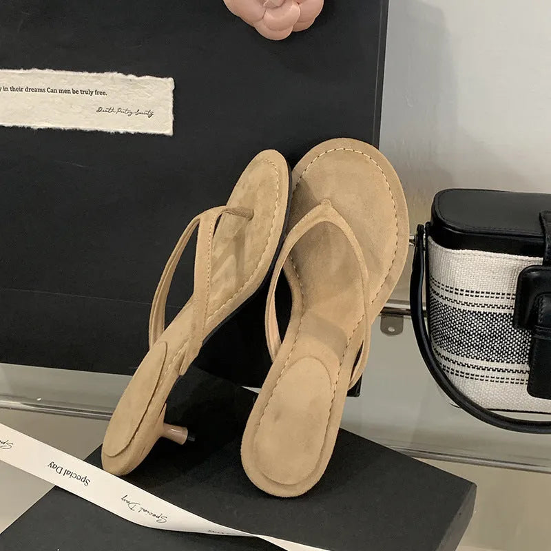 Women's round toe stiletto sandals with open-toed flip-flop design in sheepskin camel colour