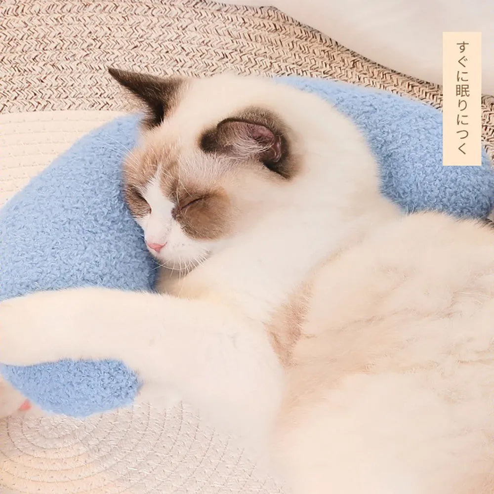 U-shaped blue cat pillow with adjustable collar for feline cervical support