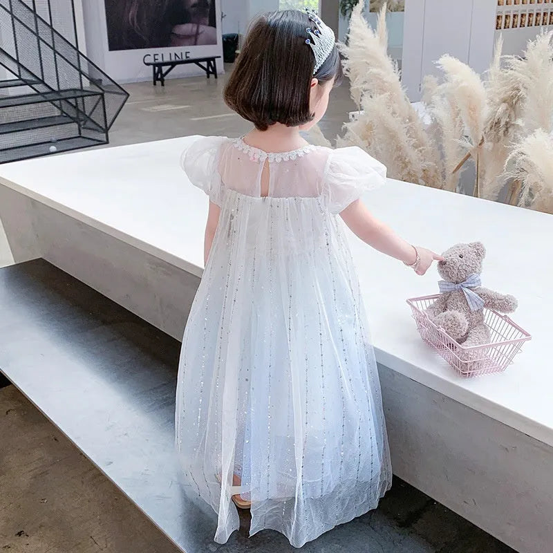 Girls baby princess Elsa dress with gradient pattern, cotton A-line skirt, short sleeves, in cloak Blue colour