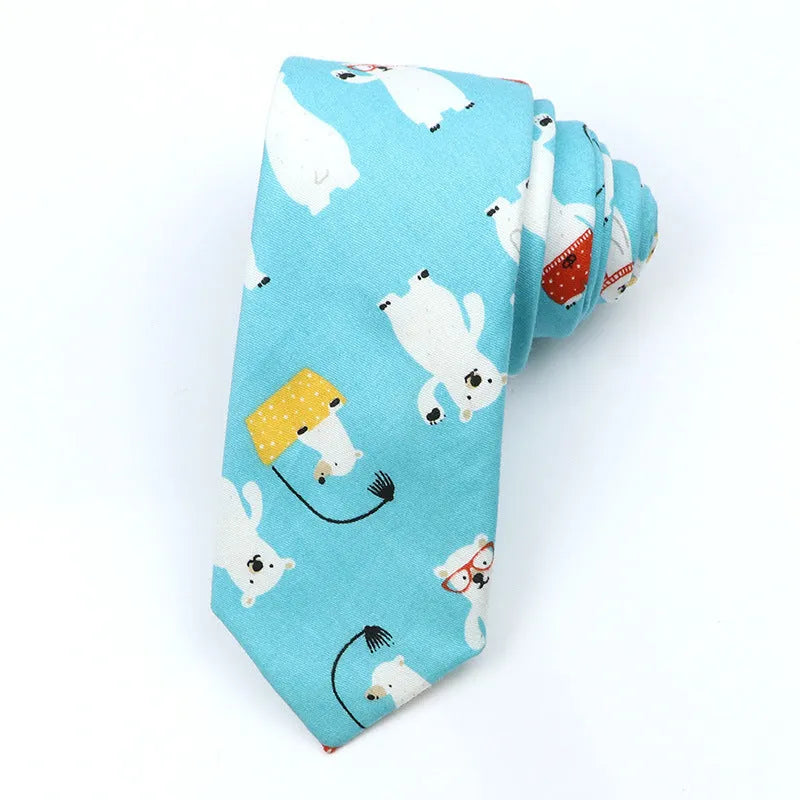 Narrow cotton bow tie with a printed cartoon pattern in a selection of colours.