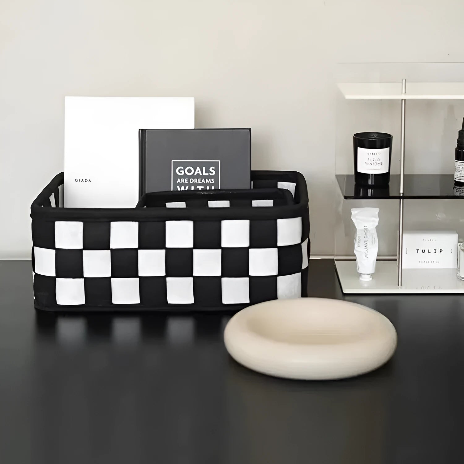 Grey and white checkerboard woven felt storage box shown folded and unfolded, with a tape measure indicating 37cm length.