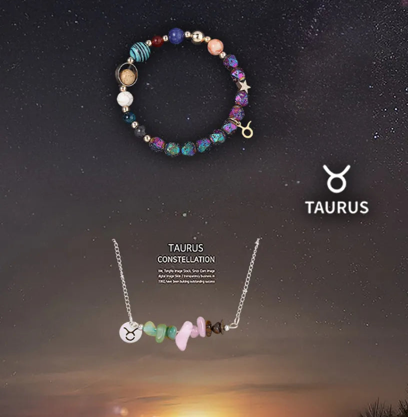 Natural stone necklace and bracelet set on display showing zodiac sign style options