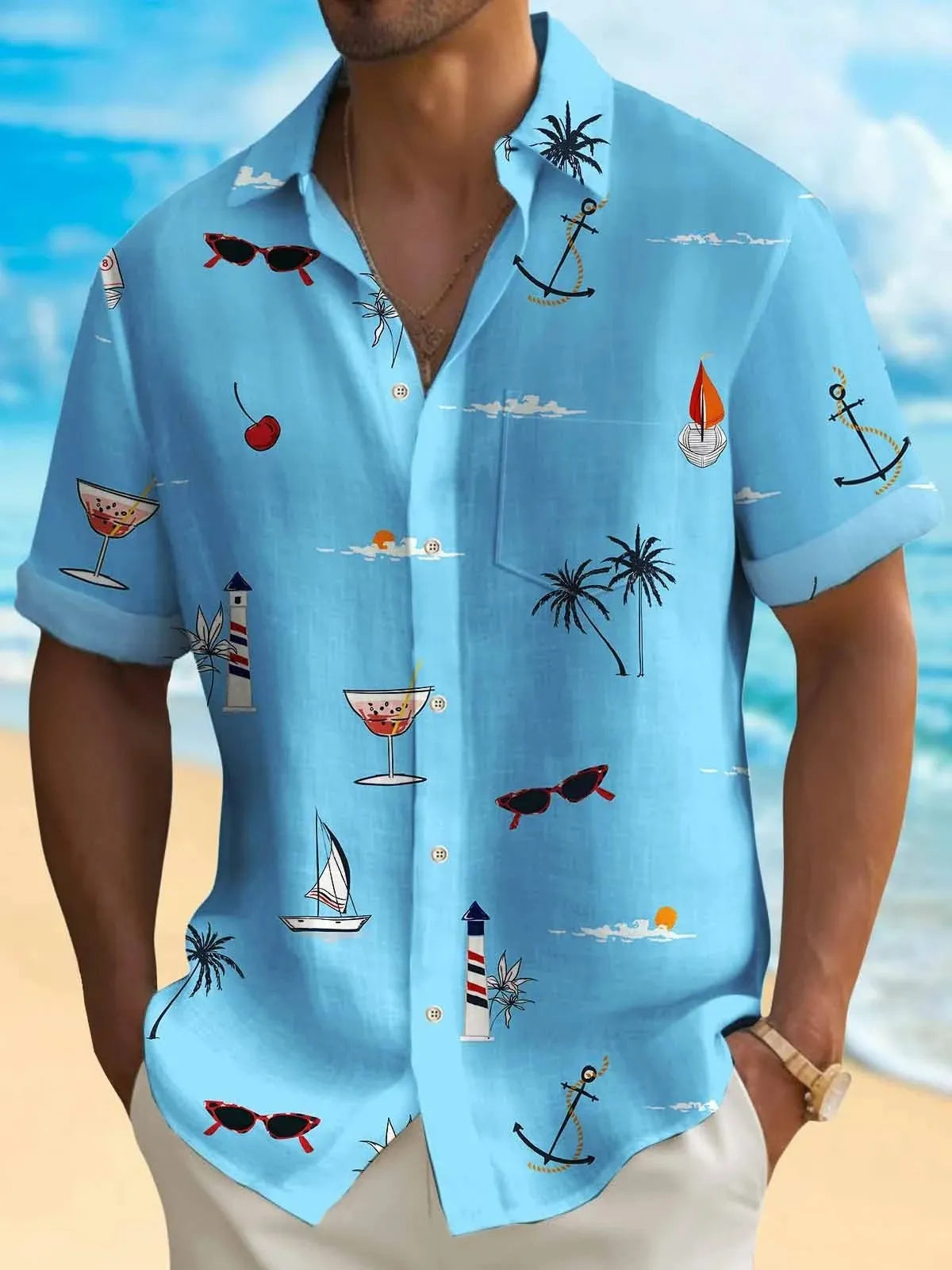 Man wearing a loose-fit digital print Hawaiian shirt in a vibrant colour.