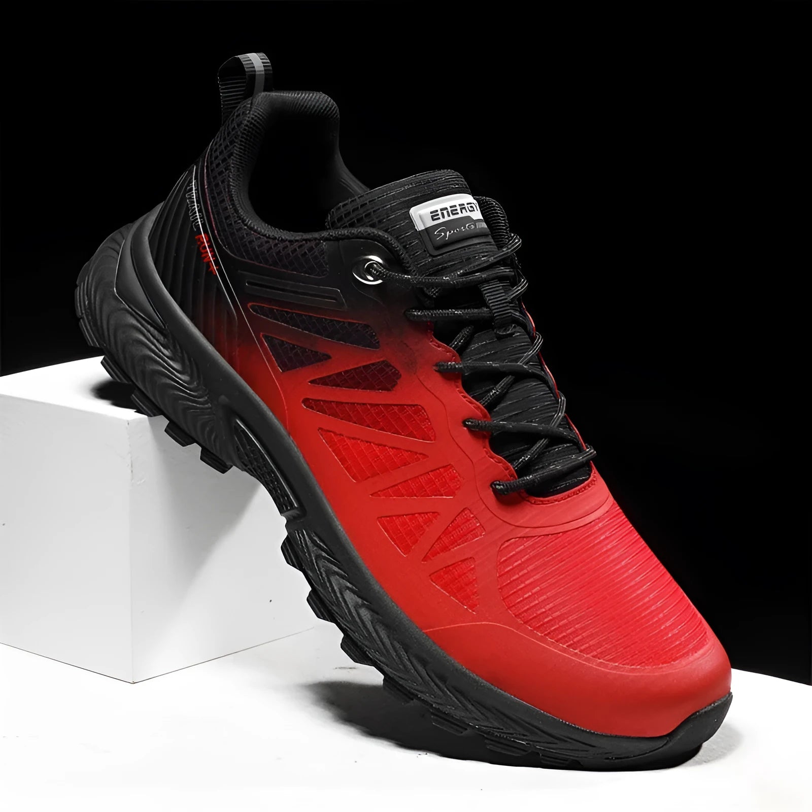 Men's black breathable mesh outdoor running shoe with lace-up front and rubber sole.