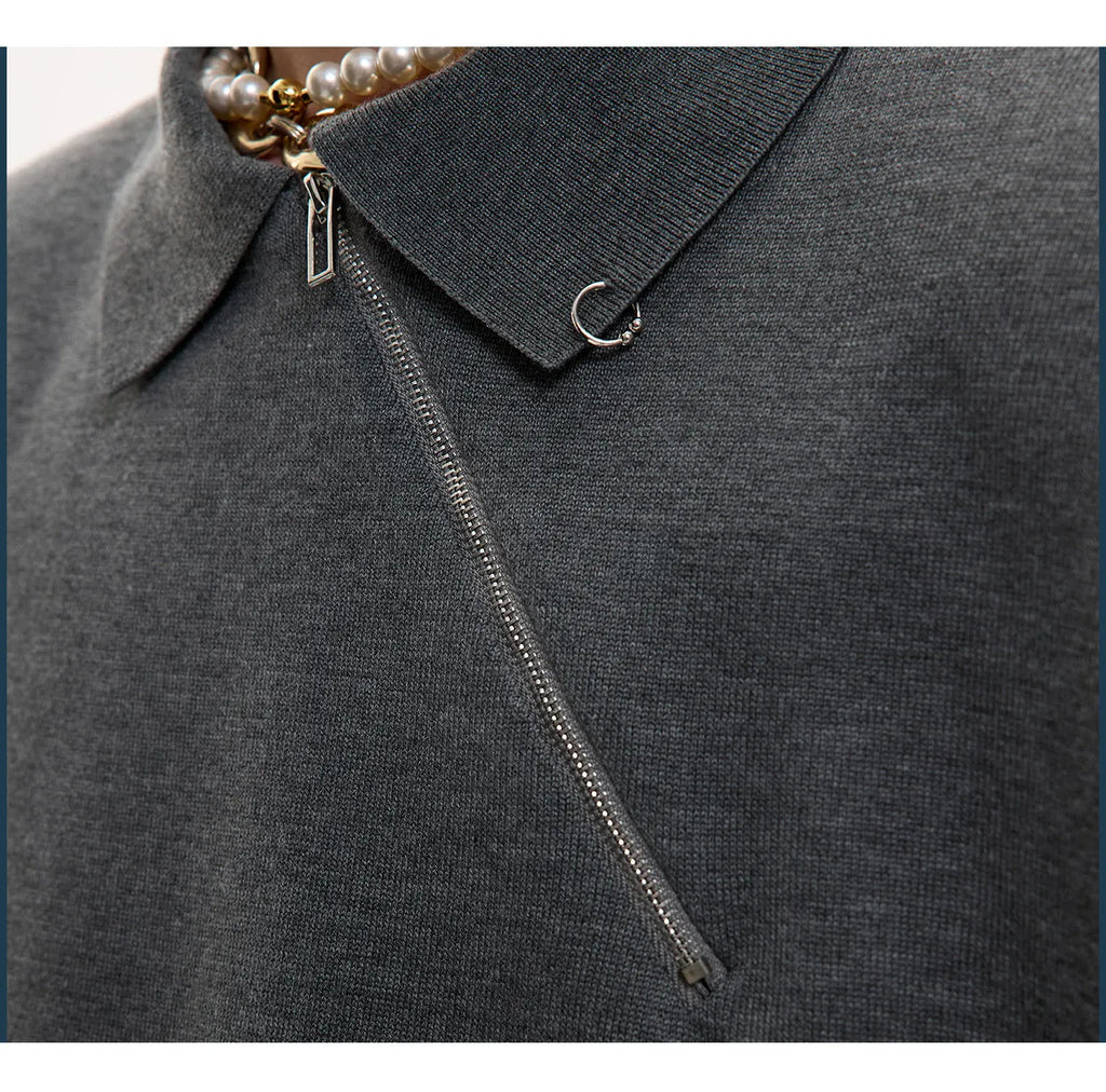 Men's black slim-fit knitted polo shirt with diagonal zipper and lapel collar