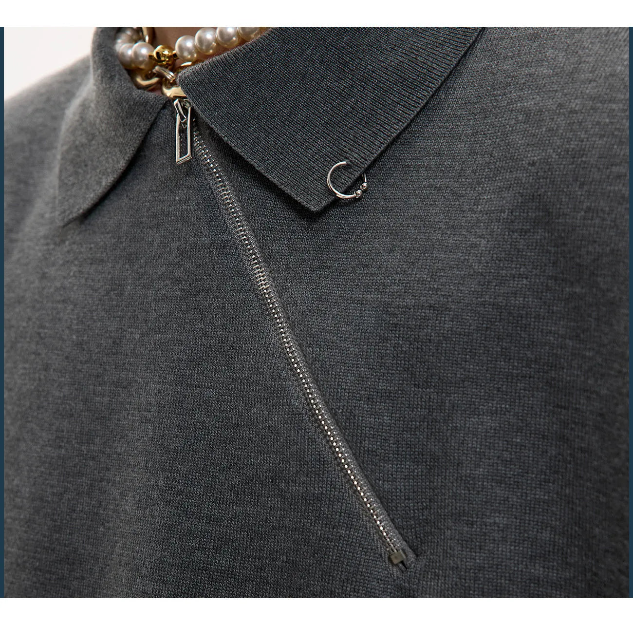 Men's black slim-fit knitted polo shirt with diagonal zipper and lapel collar