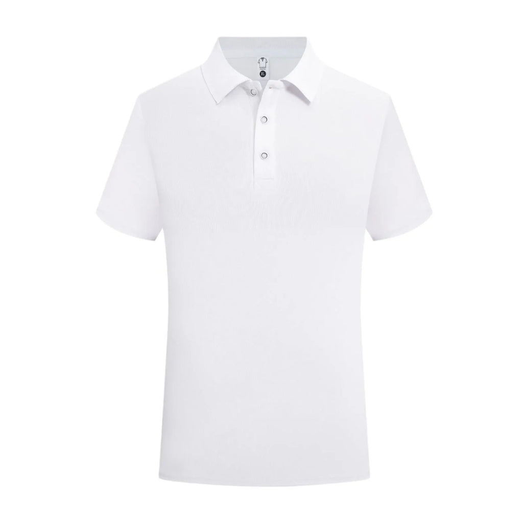 Short-sleeved straight-cut cotton pullover work shirt on a hanger, shown in a solid colour for embroidery.