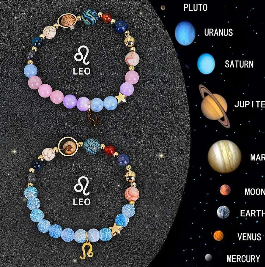 Set of twelve natural stone beaded bracelets, each with a different zodiac sign charm.