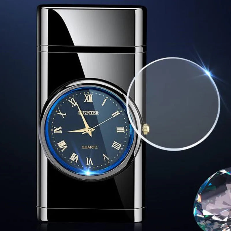 Multifunctional electronic watch cigarette lighter with LED lamp in metal body showing different finish options