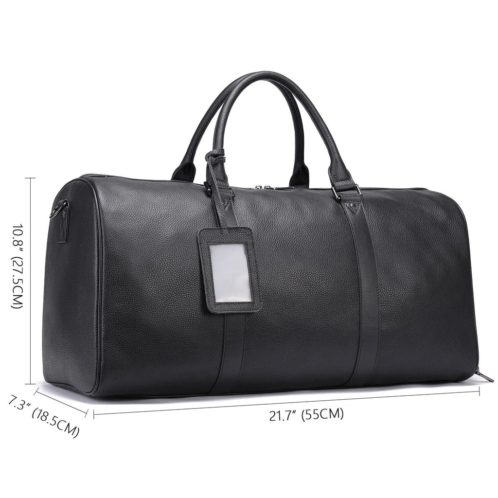 Men's black and coffee leather tote bag with single strap in 44cm and 55cm sizes.