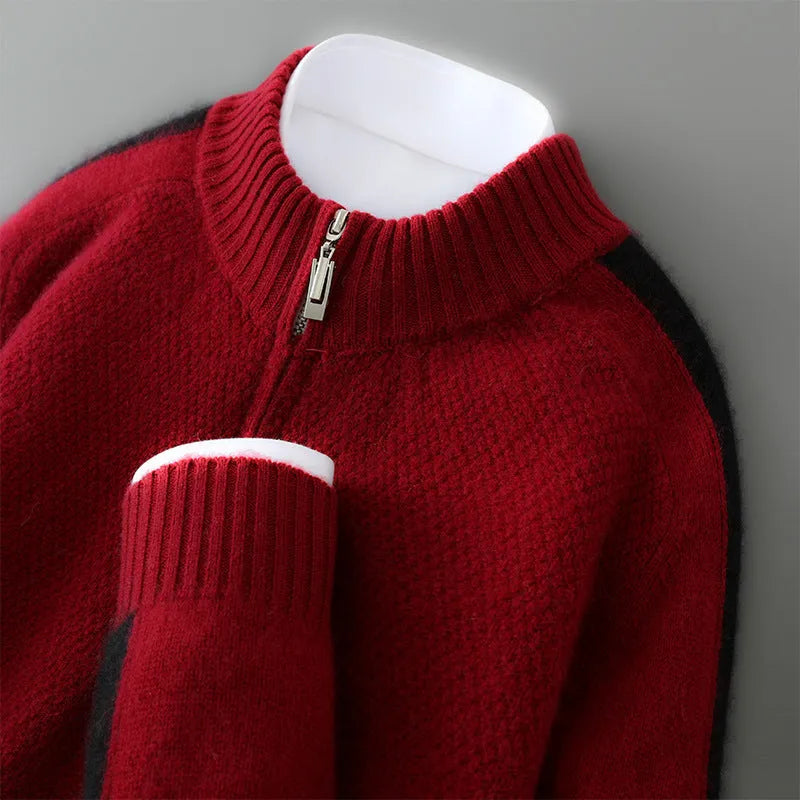 Half-zip round neck slim fit sheep wool knitted sweater in grey.
