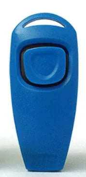 Plastic two-in-one dog training ring and whistle in black on a plain background