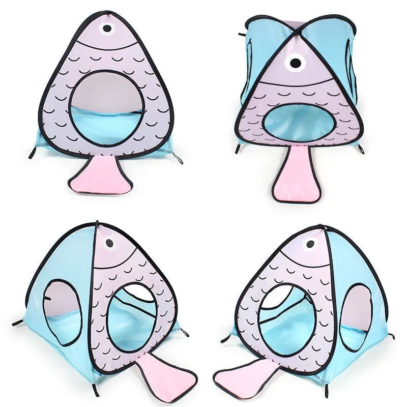Foldable blue and white cat tent with attached fish tunnel for small pet play
