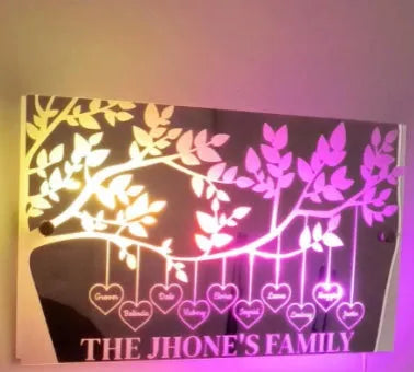 Personalised acrylic LED name mirror light with custom photo, soft glow, and remote control