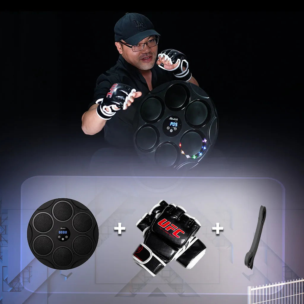 Black Bluetooth boxing target with coloured LED lights hanging on wall for fitness training