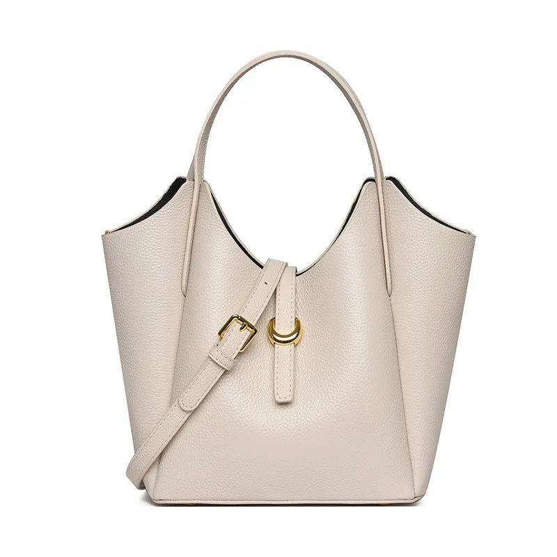Genuine leather women's hand holding bucket bag in retro style with large capacity