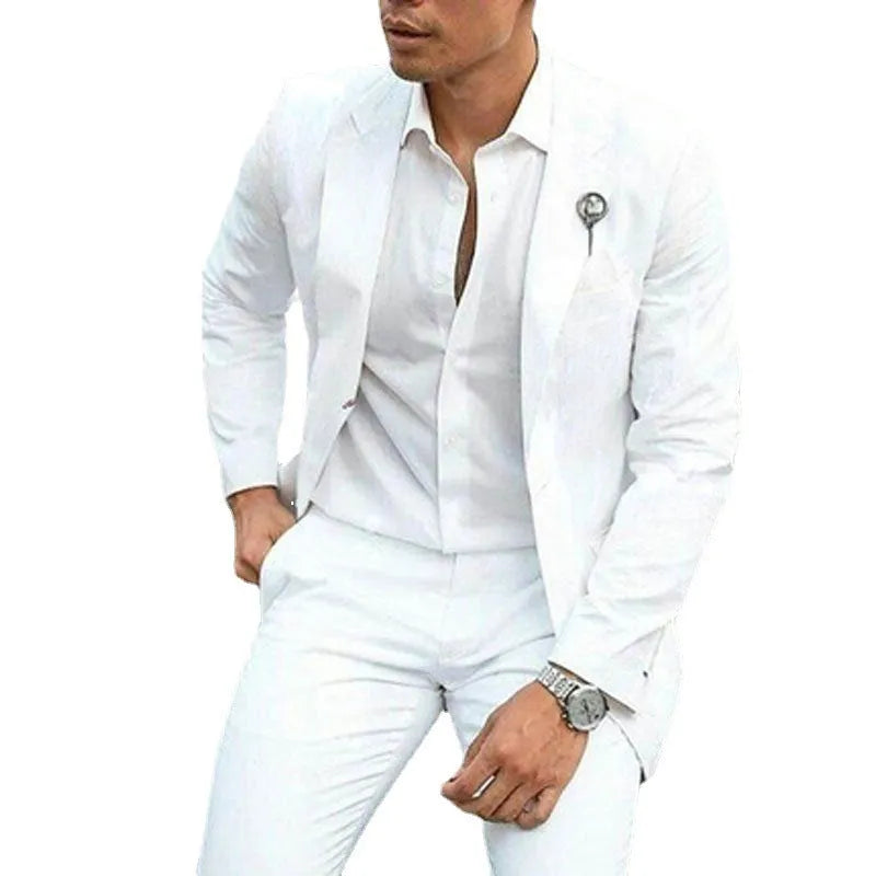 Men's white slim fit two-piece wedding suit in cotton blend fabric