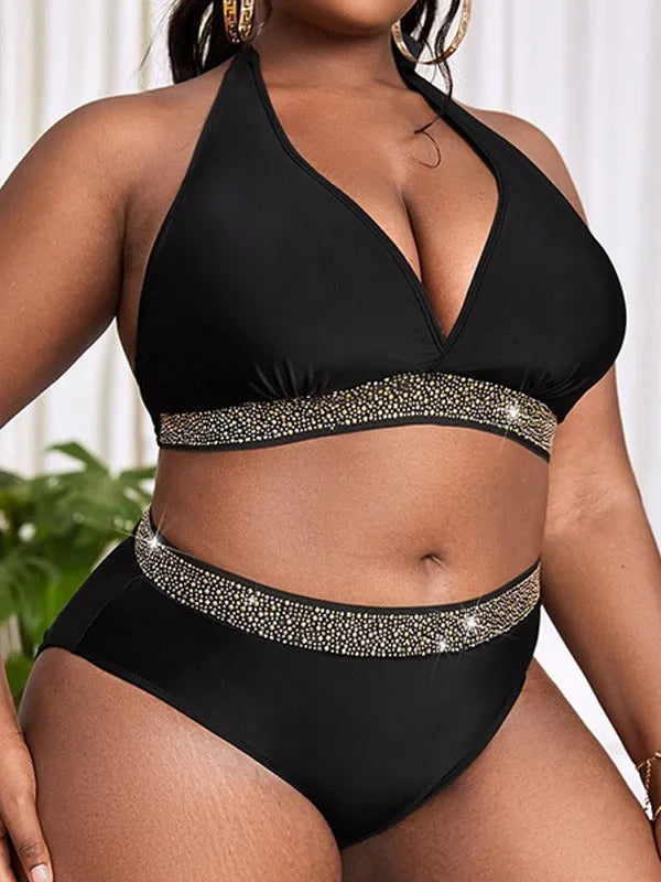 Black plus size women's polyester bikini swimsuit with bra and shorts, sizes 0XL to 4XL