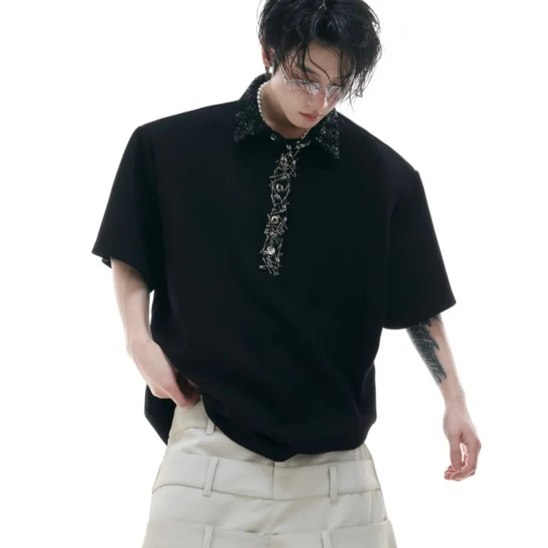 Men's black loose-fit polyester polo shirt with a square collar and short sleeves.