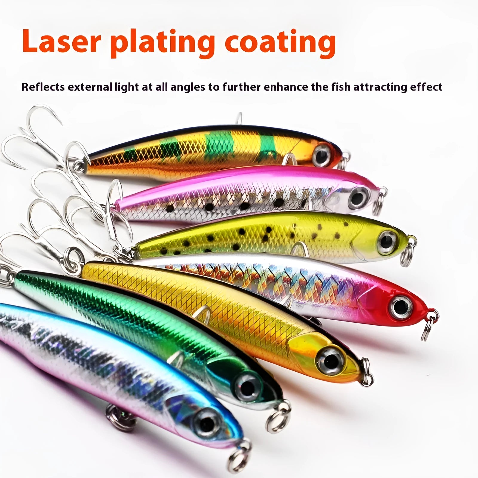Set of five small silver fish lure pencil baits with double hooks and a tackle box