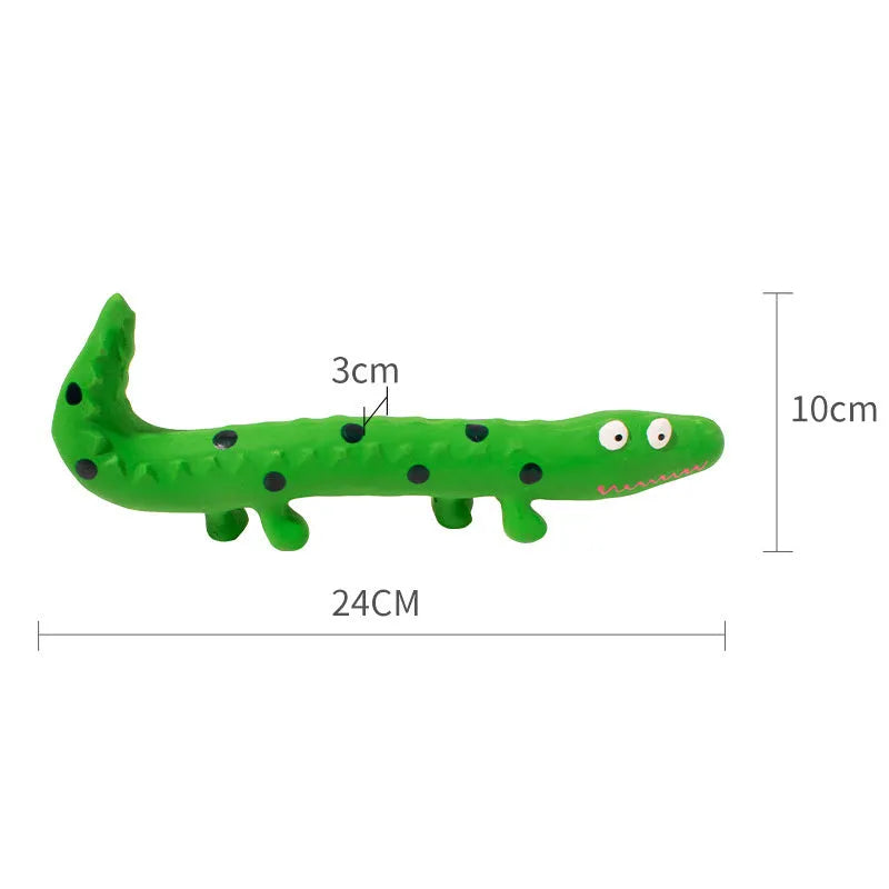 Green lizard-shaped dog chew toy with squeaker for aggressive chewing and teeth cleaning