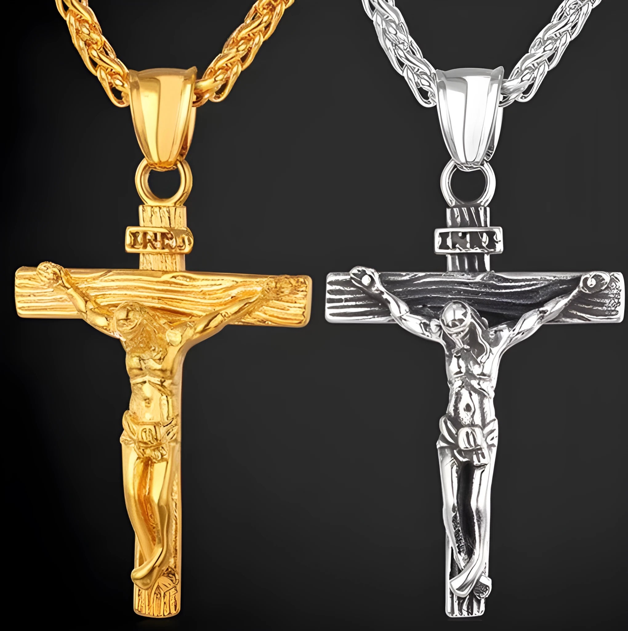 Easter Jesus cross necklace on titanium steel alloy chain, gold finish with cross chain, vintage geometry pendant