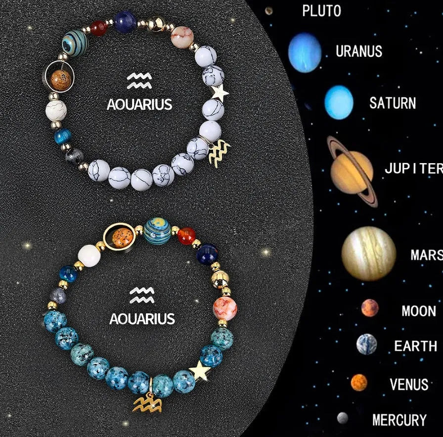 Two natural stone beaded bracelets showing different zodiac sign designs on an adjustable cord.
