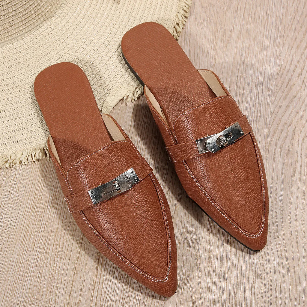 Light brown women's pointed-toe semi-slippers with a low heel and rubber sole