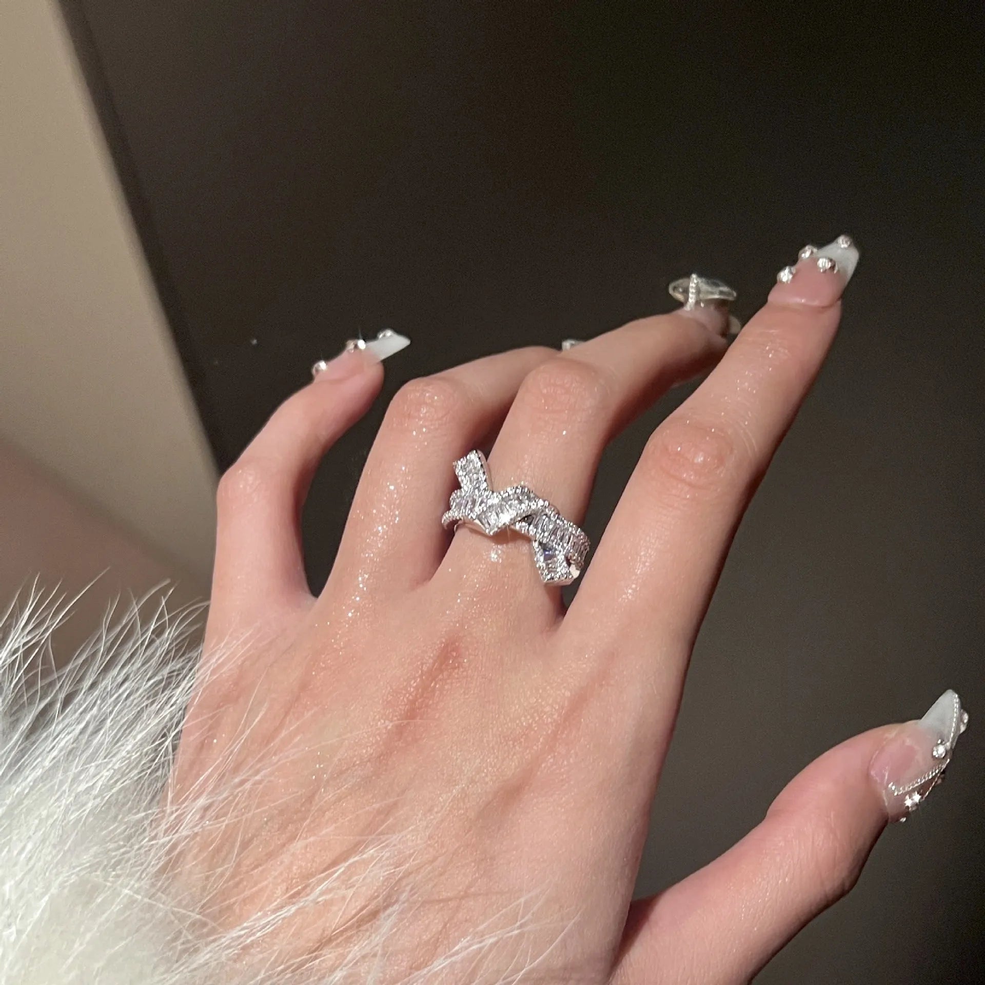 Silver cross open ring with bow shape, copper base, electroplated finish, light luxury style