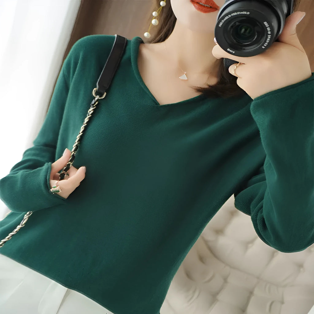 Women's V-neck long sleeve knitwear pullover top in turmeric colour with non-ironing process