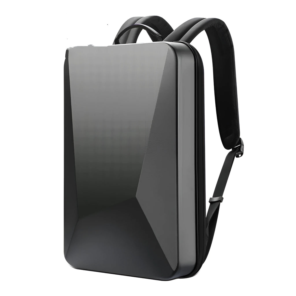 Hard shell gaming backpack with lock showing dedicated computer and phone compartments