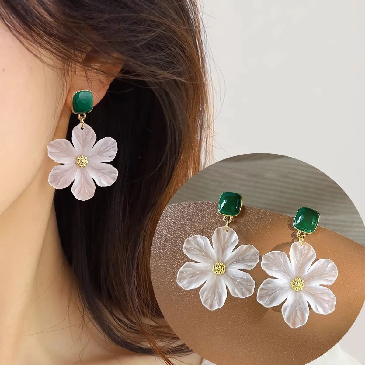 Dark green alloy floral earrings with needle flowers design for women