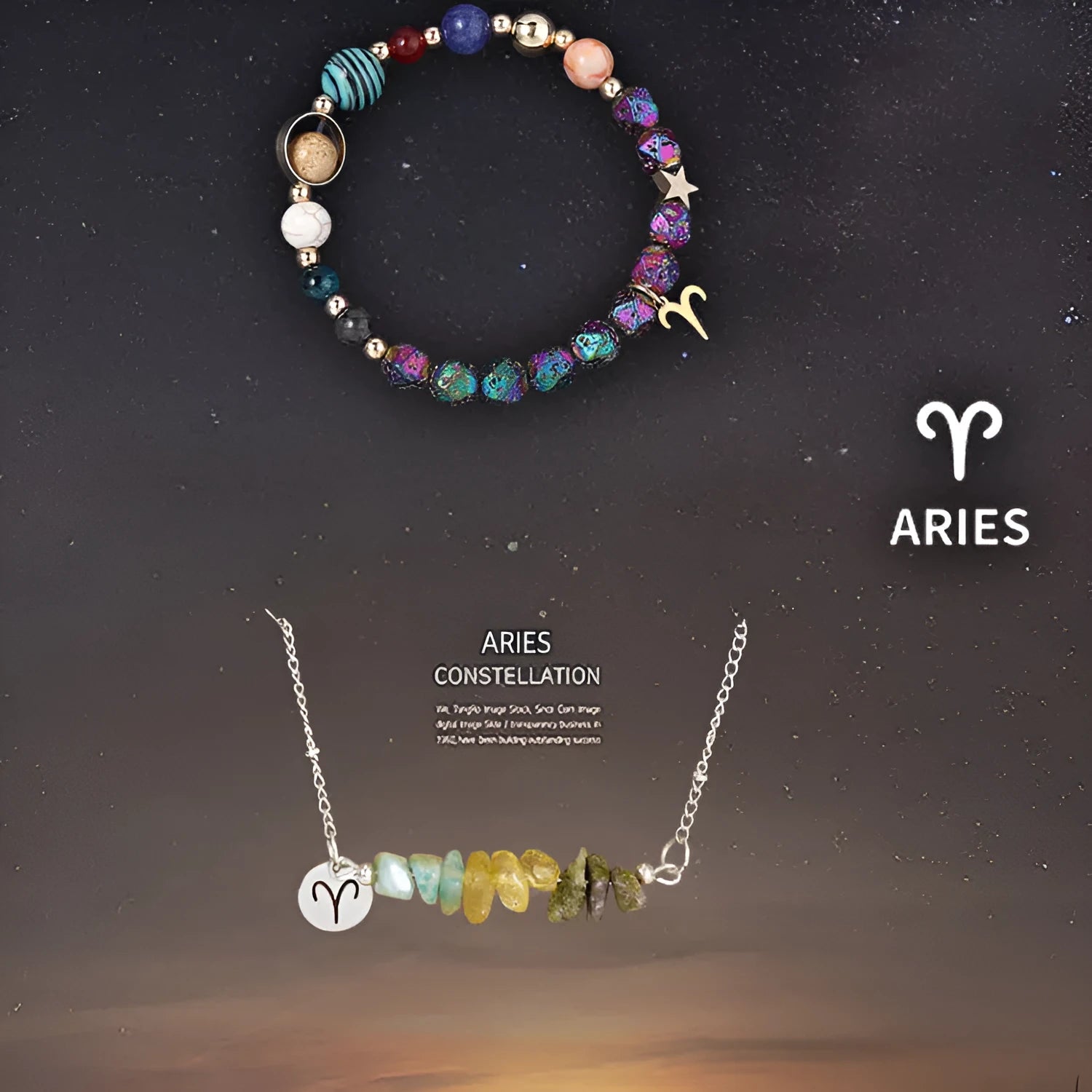 Natural stone necklace and bracelet set on display showing zodiac sign style options