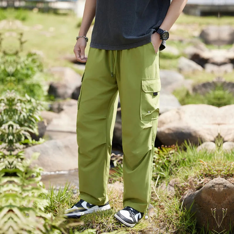 Men's quick-drying summer casual pants in polyester, cropped mid-waist style, colour khaki, size M