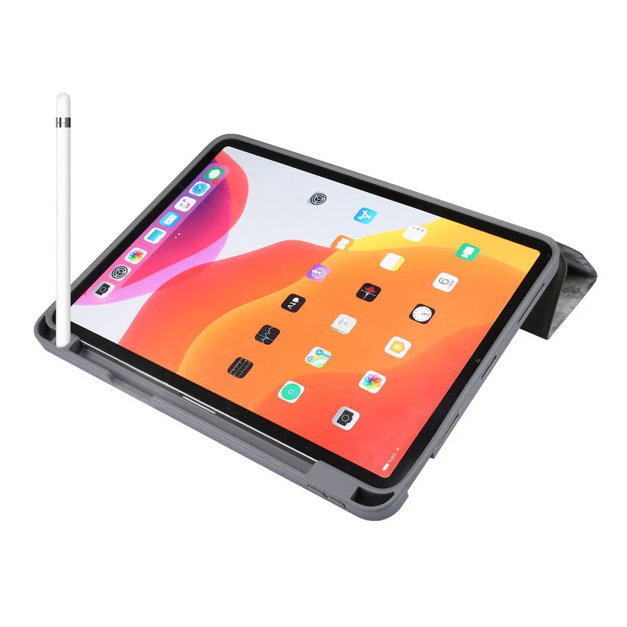 Tri-fold imitation leather iPad case with marbling pattern and integrated Apple Pencil slot.