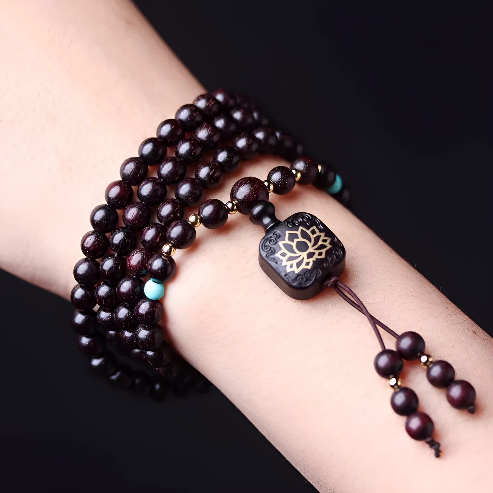 Zambia rosewood bead bracelet with 108 wooden beads and flat lotus pendant for DIY artistic projects
