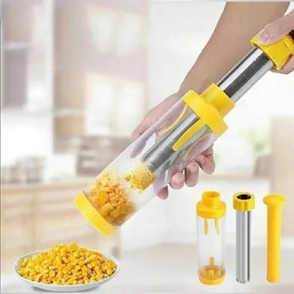 Yellow cylindrical corn stripper tool with stainless steel threshing mechanism