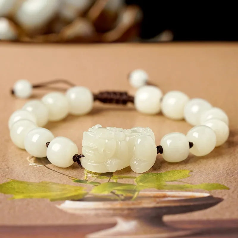 Hetian jade bracelet with black and red braided ropes traditional Chinese jewellery