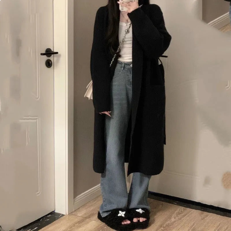 Women's loose chenille knit cardigan in dark grey with 3D effect pattern and long sleeves