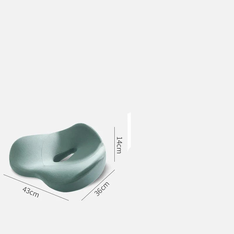 Memory foam seat cushion in light grey and navy blue on an office chair, 43x36x14cm