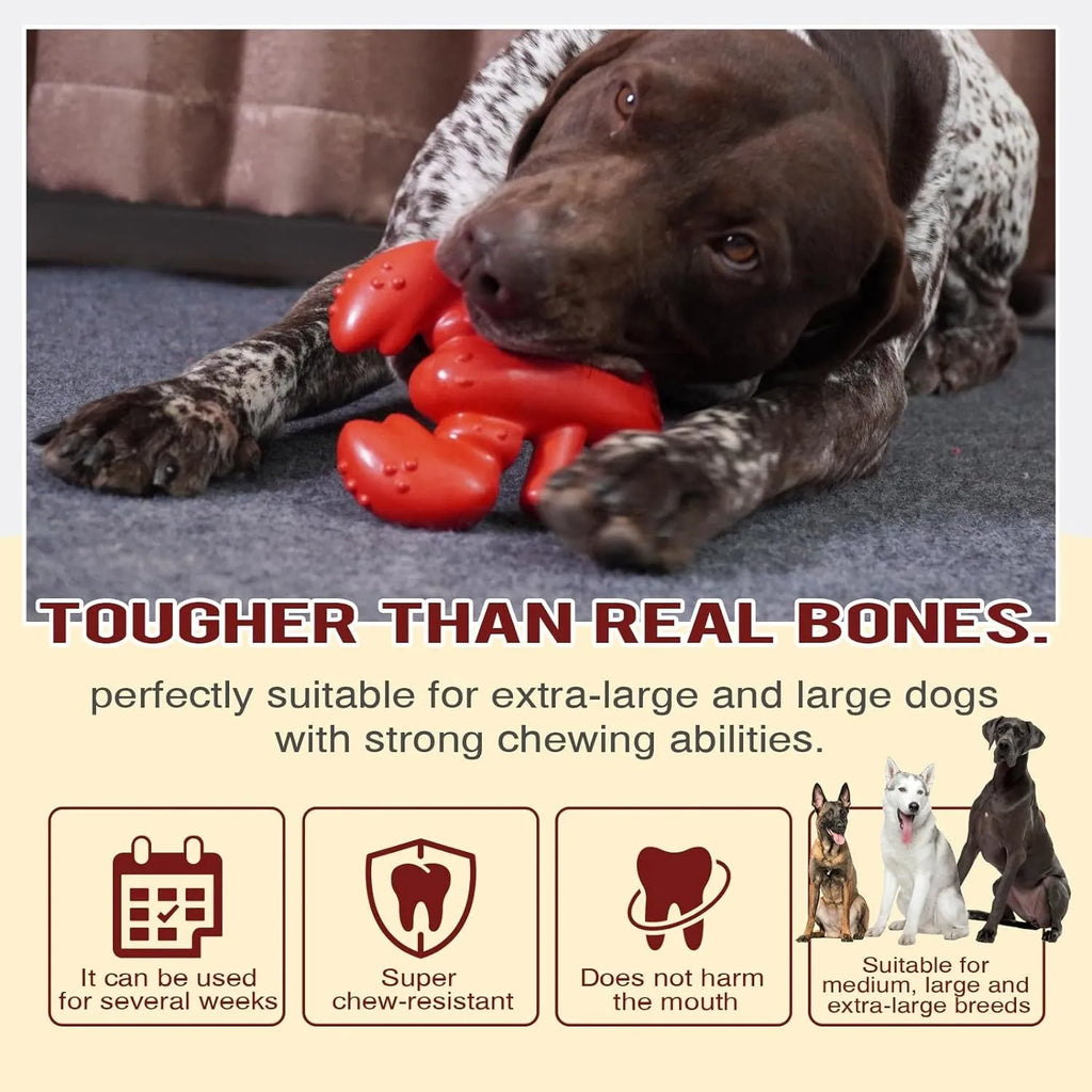 Red durable chew toy for large dogs, shown with dimensions for scale.