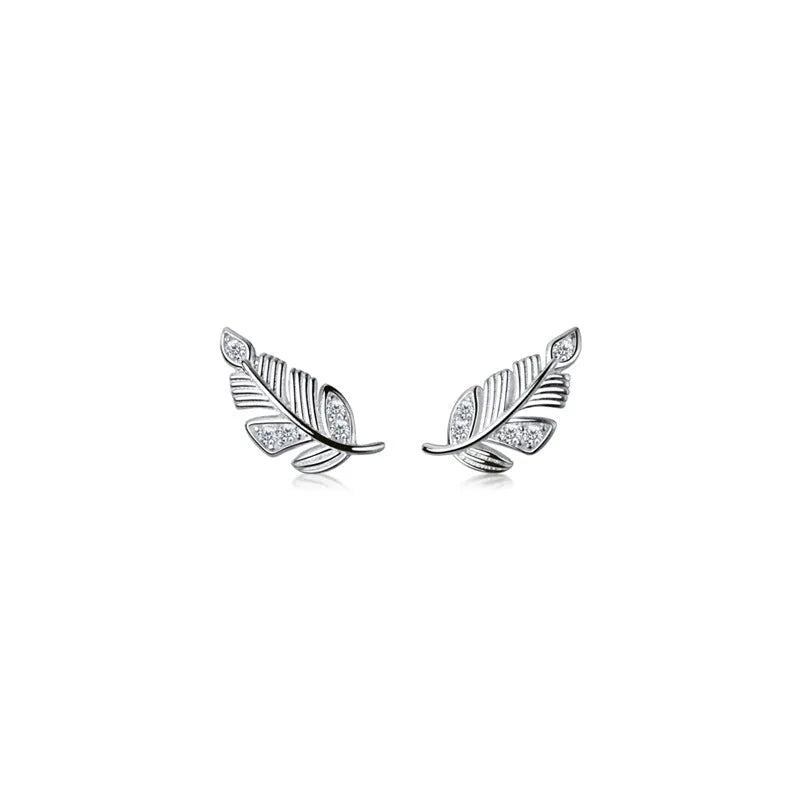 Copper willow leaf stud earrings with micro-inlaid leaf detailing, rose gold or white gold finish, side view on white background