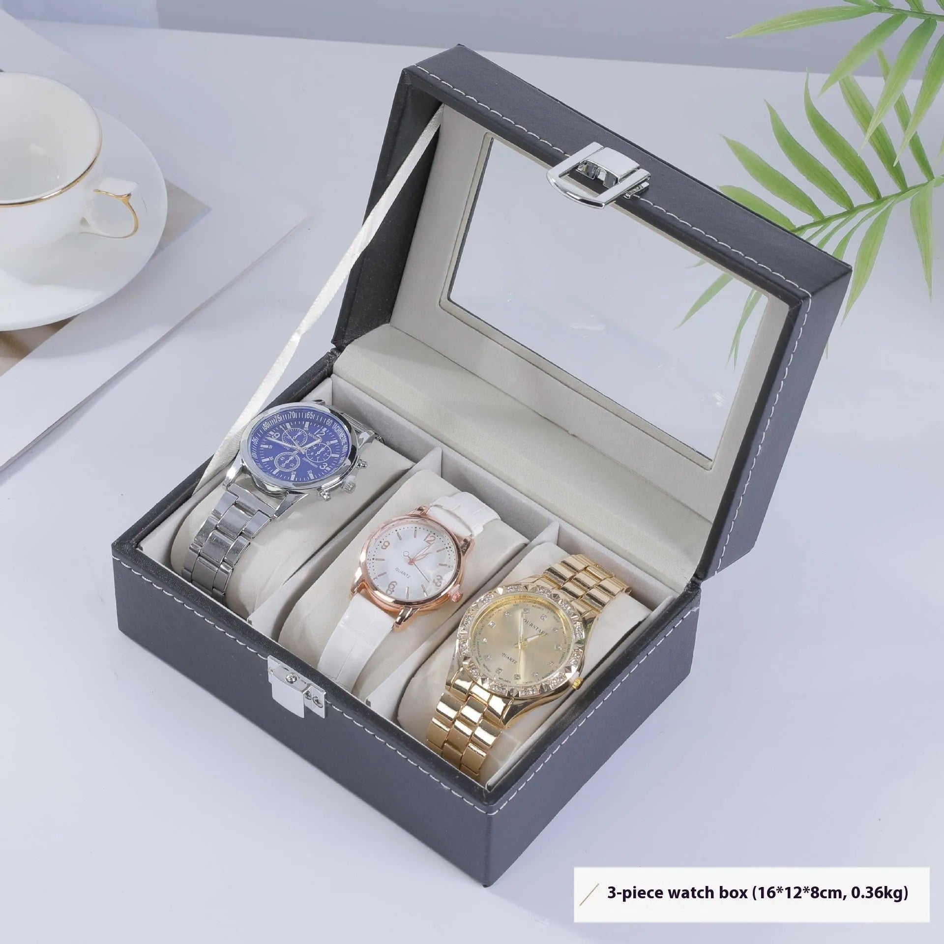 Grey leather watch storage box with transparent dustproof lid showing multiple capacity size options