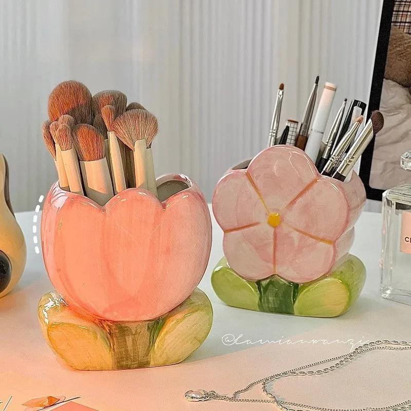 Ceramic flower pen holder storage box with floral patterns in blue, pink and purple colour variations