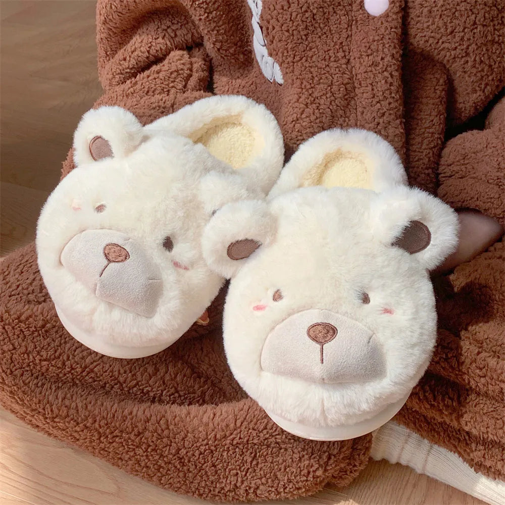 Women's cartoon pattern plush slippers with suede uppers in khaki, round toe design